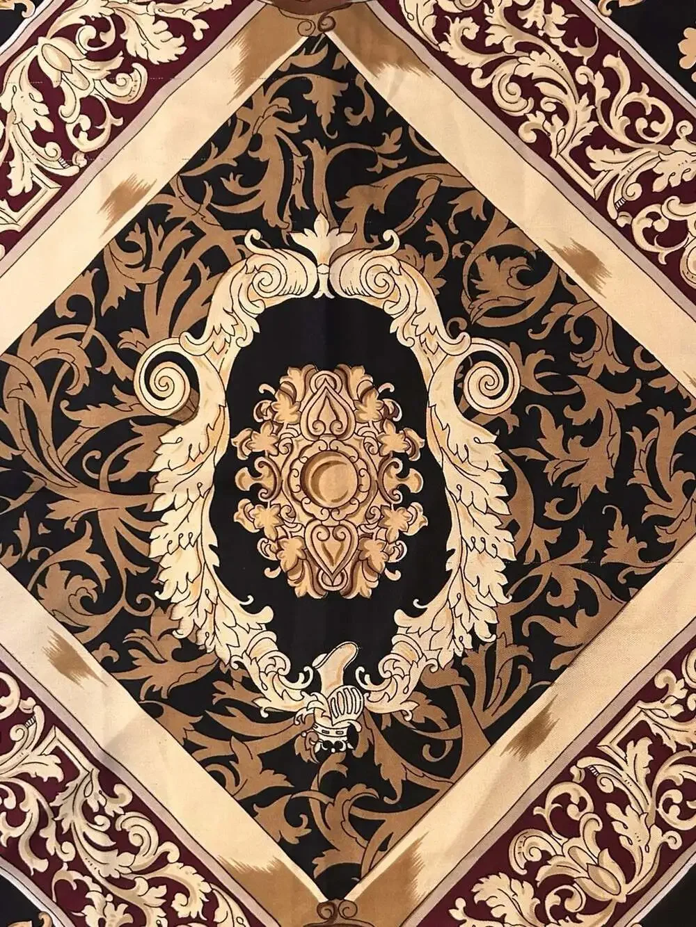 Vintage Baroque Print Square Silky Scarf Black Burgundy Gold, 35”